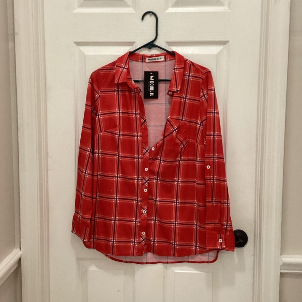 Doublju Red Plaid Button Down Shirt